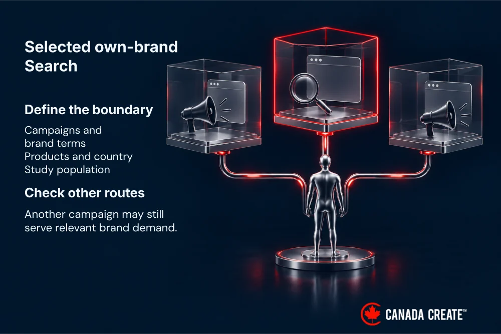 Selected own-brand Search sits inside a red study boundary while other campaigns may still reach the same buyer.