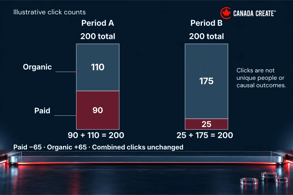 A: 90 + 110 = 200. B: 25 + 175 = 200. These are clicks, not unique people or causal outcomes.