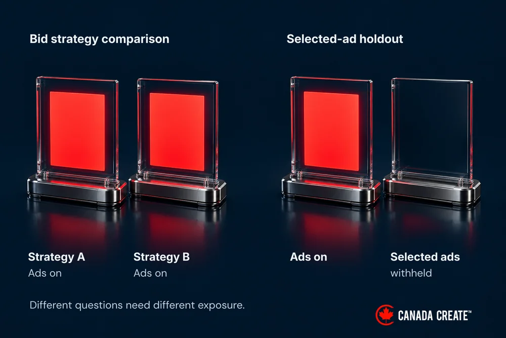 Two ads-on bid strategies are contrasted with an ads-on versus selected-ads-withheld comparison.