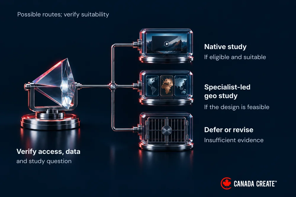 Verification of access, data and the study question leads to a suitable native study, a feasible geographic study, or revision and deferral.