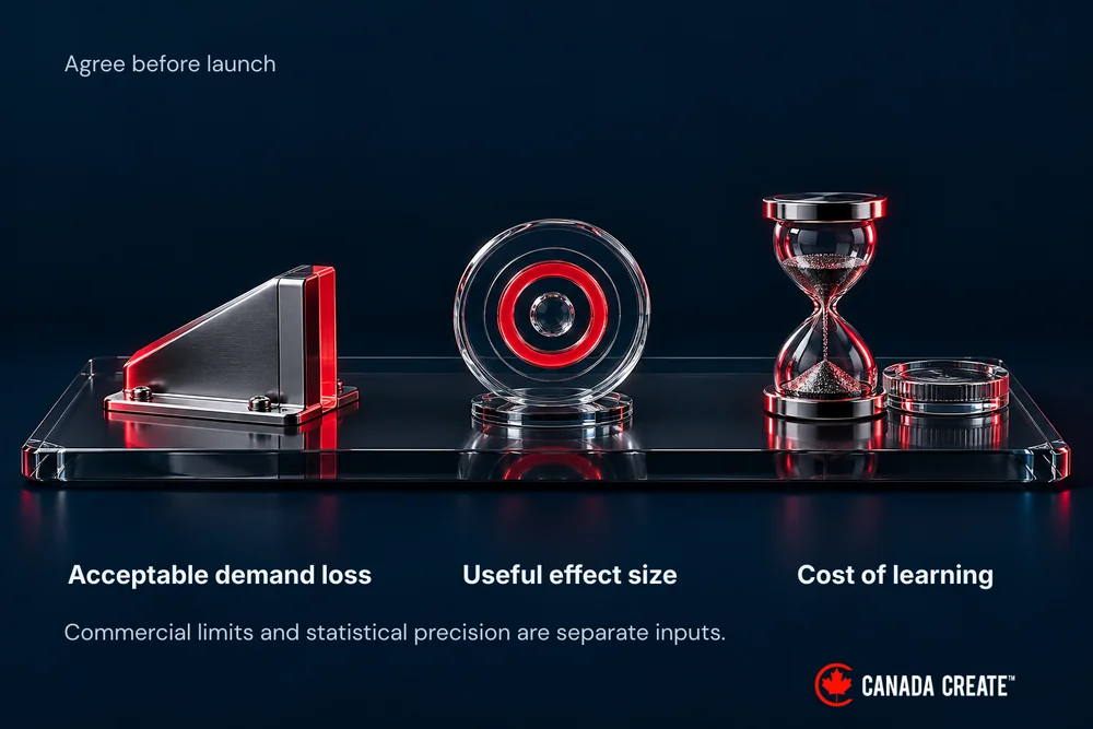 Acceptable demand loss, a useful effect size and the cost of learning are agreed before launch.