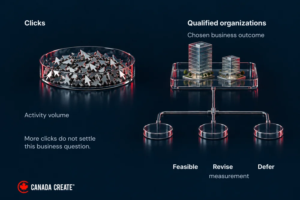 Many clicks and qualified organizations feed different questions; feasibility is assessed for the chosen business outcome.