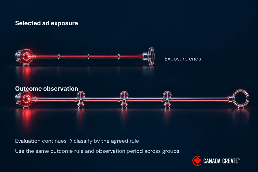 The ad-exposure track ends while the outcome-observation track continues to classification under the agreed rule.