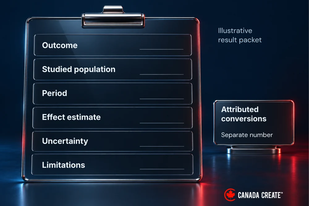 A result packet lists the outcome, population, period, effect estimate, uncertainty and limitations; attributed conversions are separate.