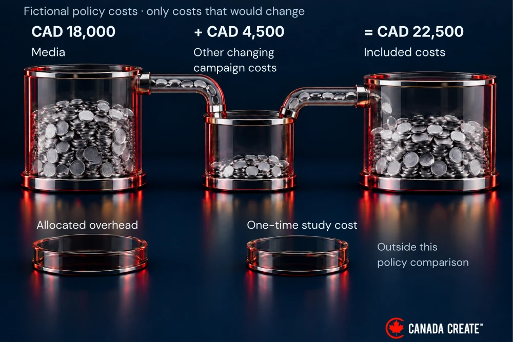CAD 18,000 in media plus CAD 4,500 in other changing campaign costs equals CAD 22,500; other cost categories stay outside this example.