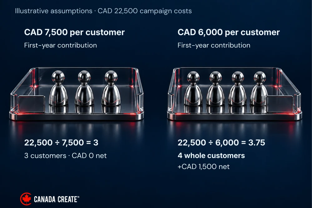 Changing contribution from CAD 7,500 to CAD 6,000 raises the arithmetic threshold from three to 3.75 customers; four whole customers then leave CAD 1,500.