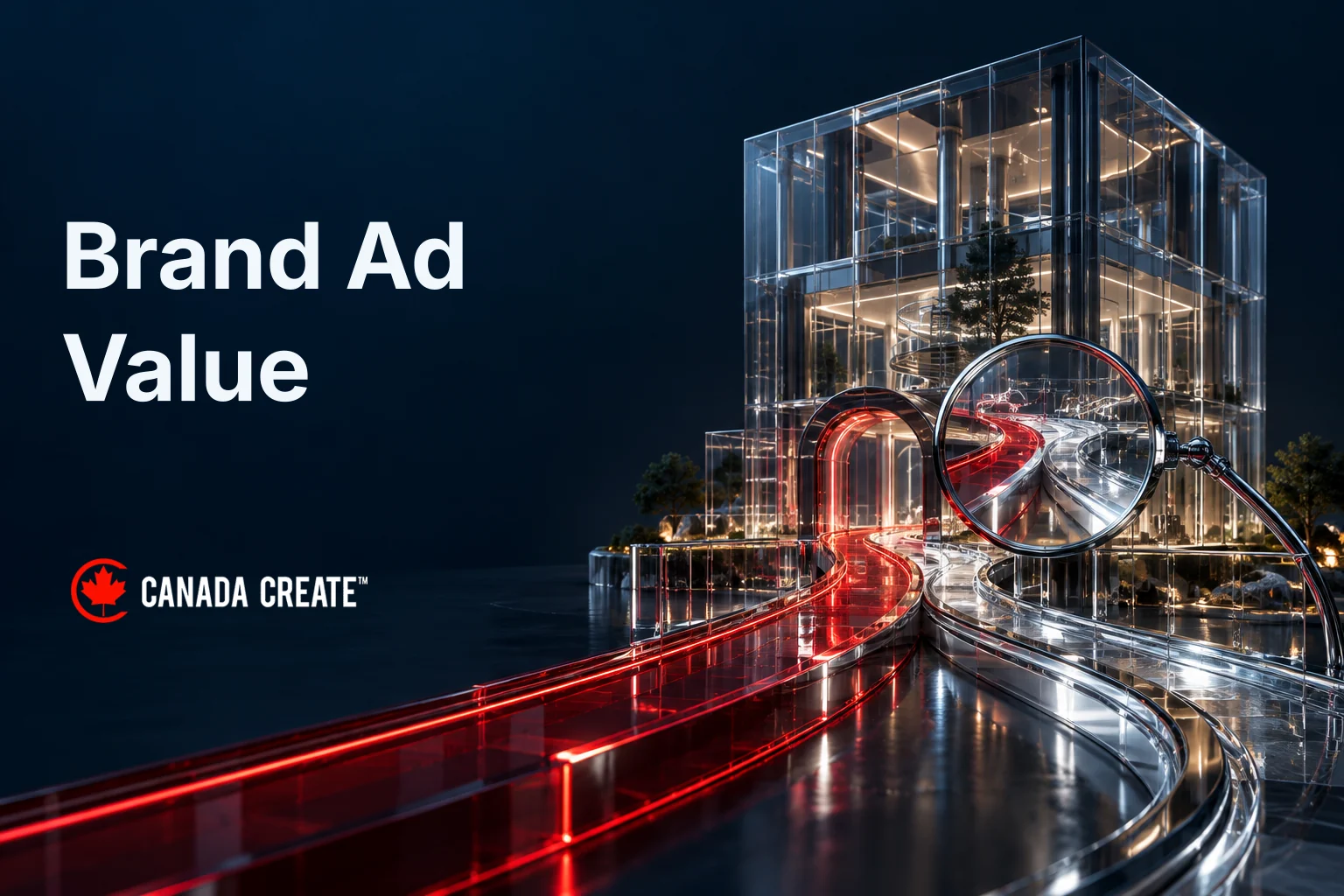 Brand Ad Value: two search routes lead to a software company while a magnifying lens examines what the advertising adds.