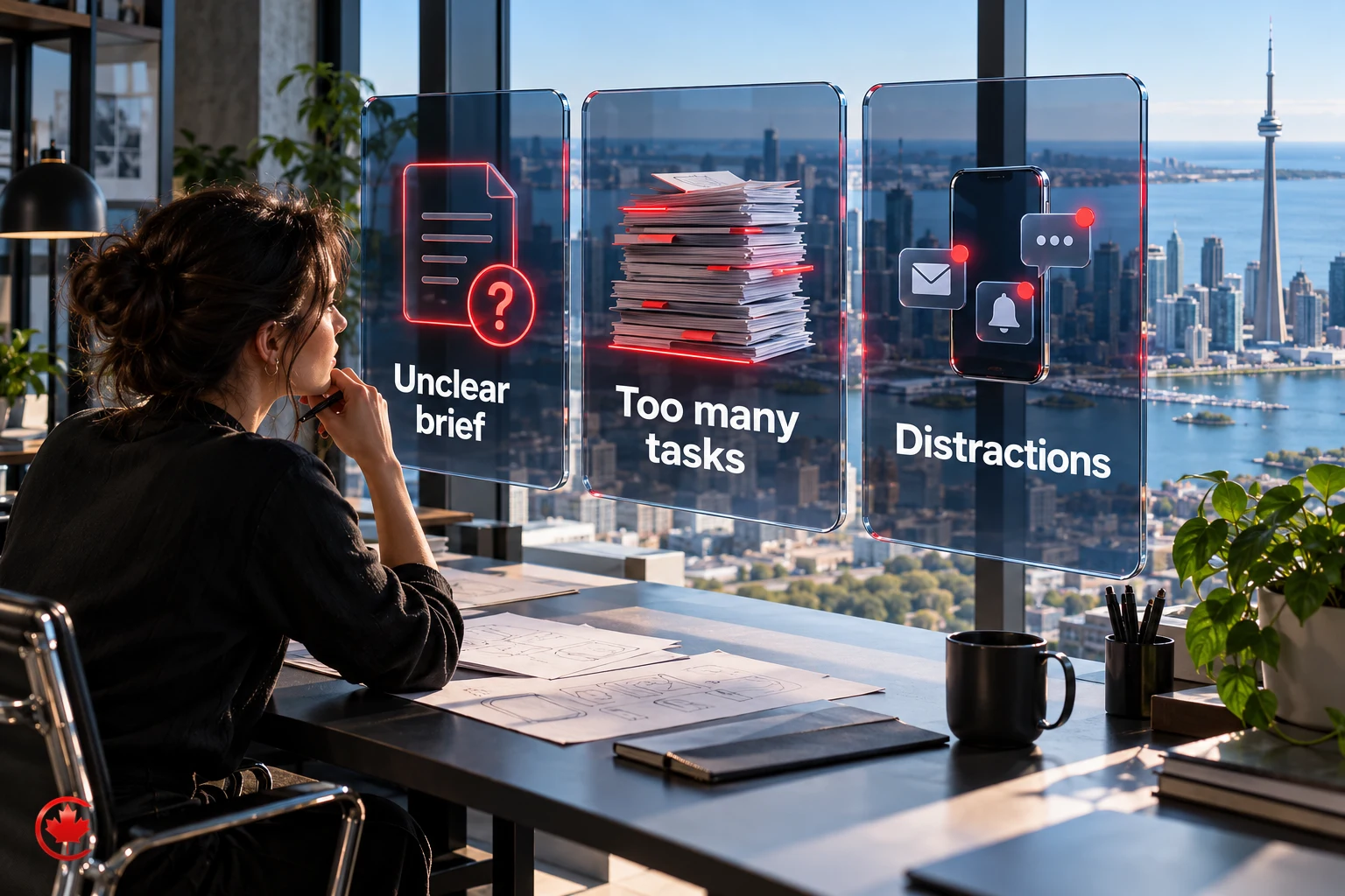 Three project obstacles: an unclear brief, too many tasks and workplace distractions.