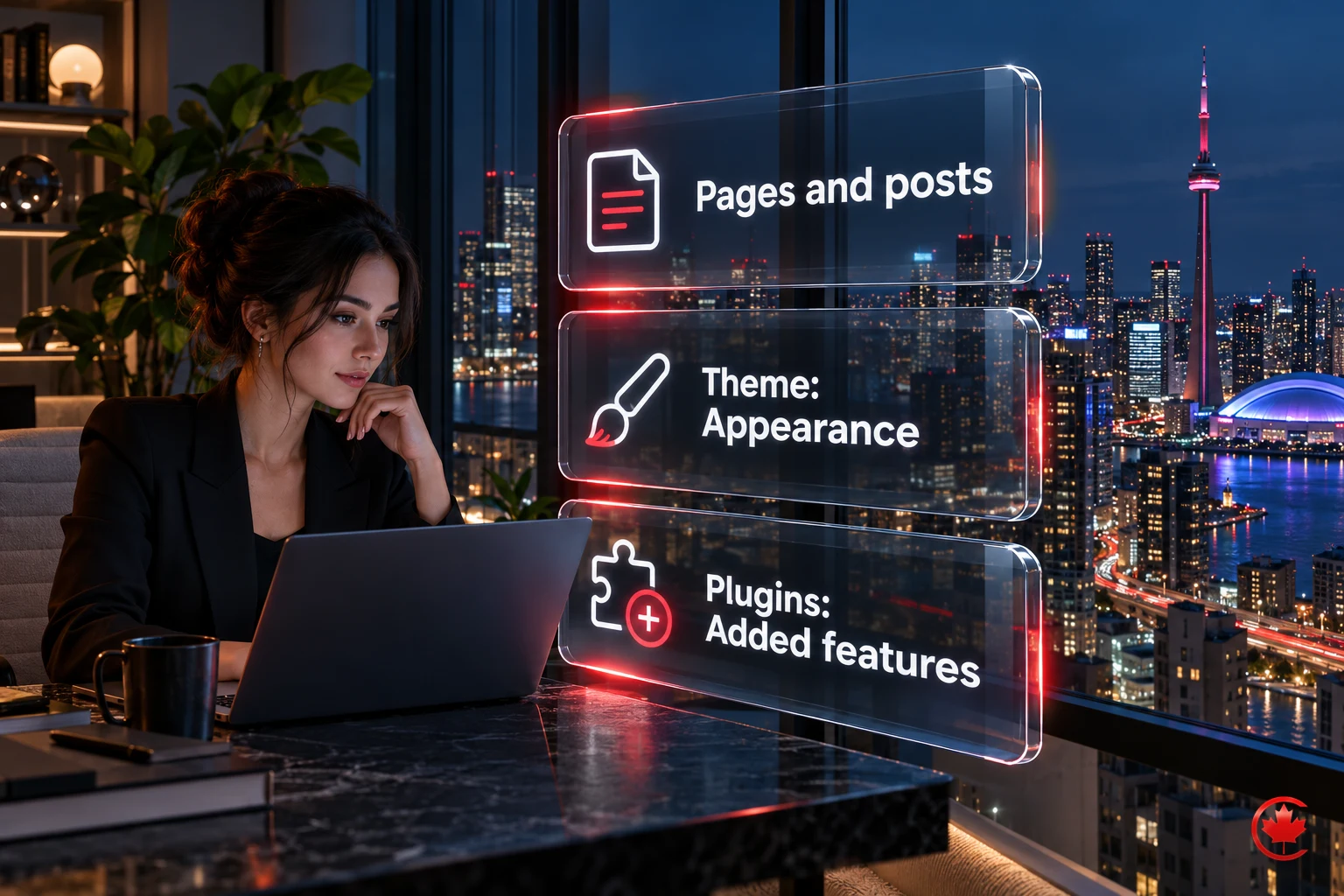 Three distinct WordPress layers: content, theme appearance and added plugin features.