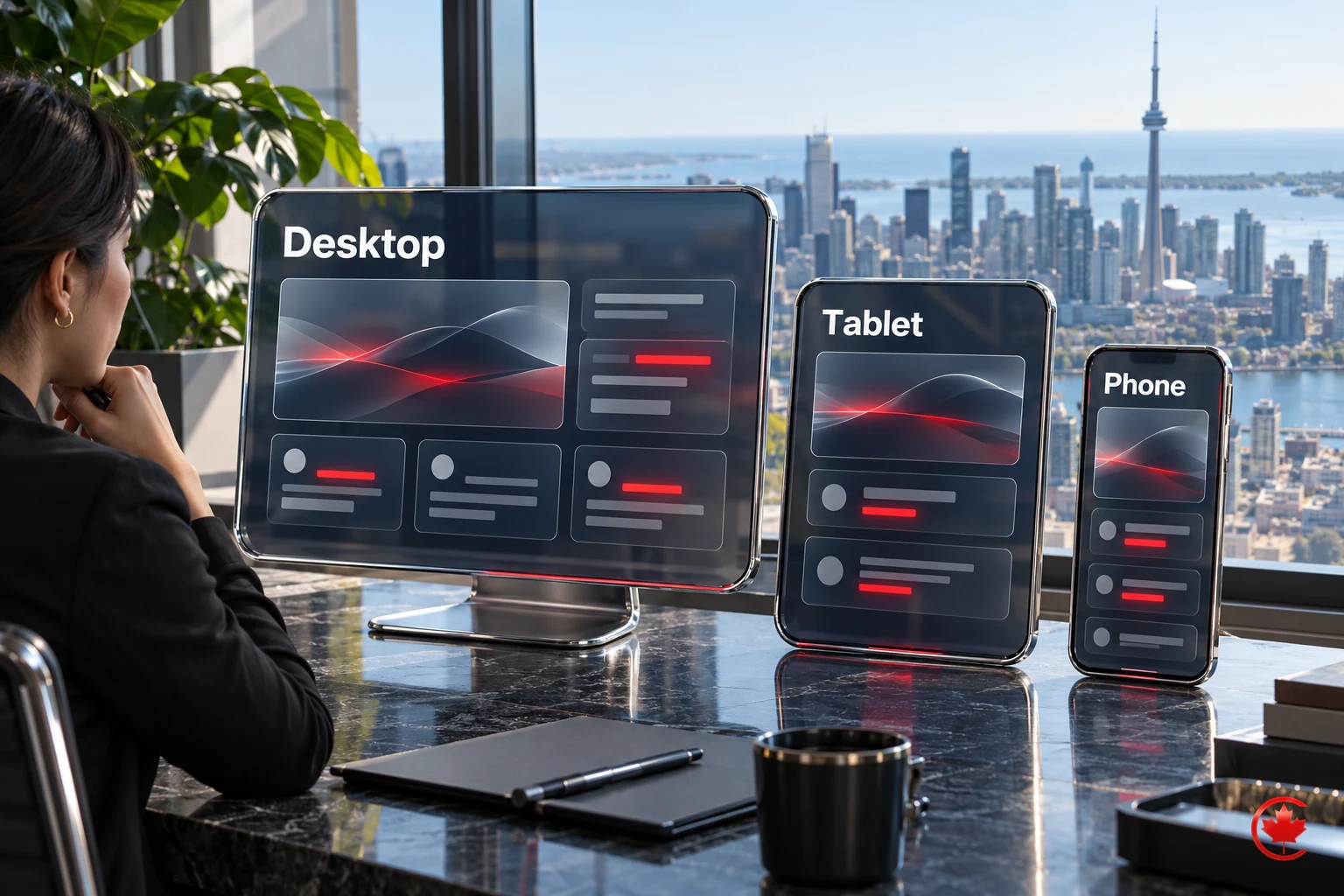 The same website layout adapts across desktop, tablet and phone screens.