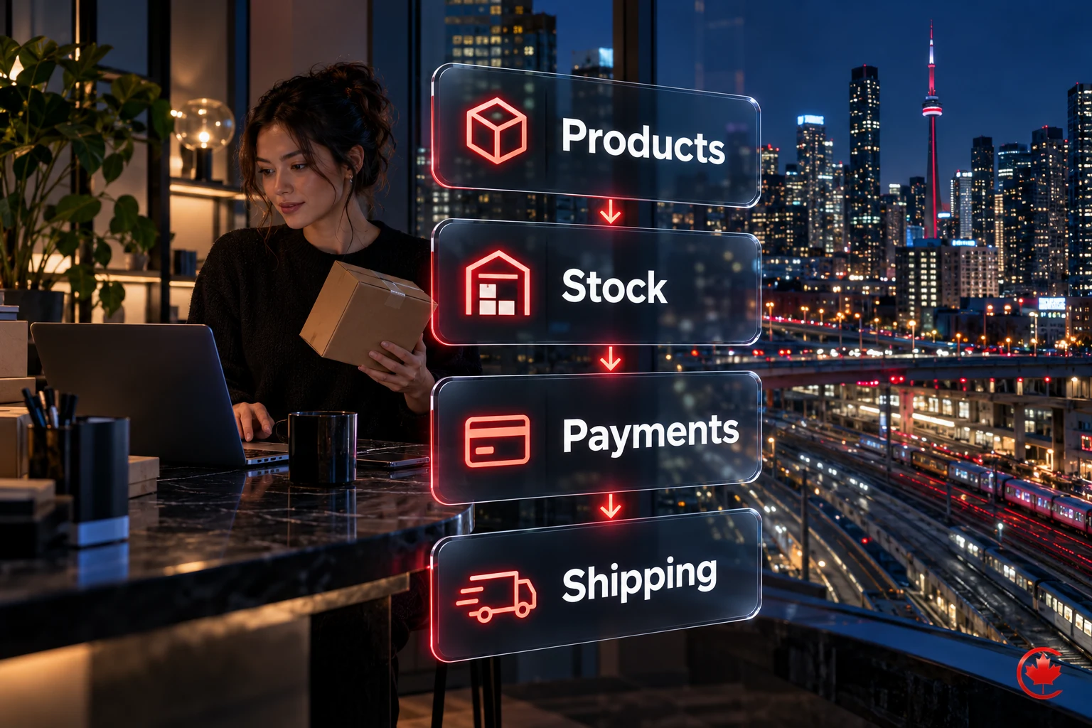 Four connected store functions: products, stock, payments and shipping.