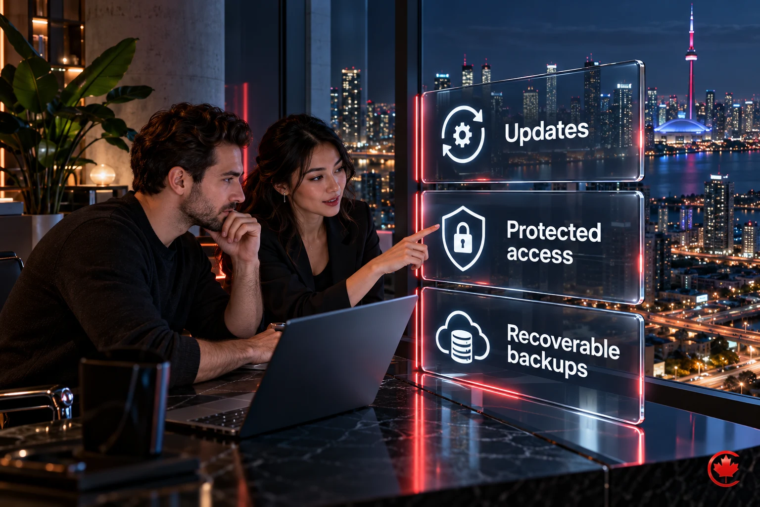 Three ongoing website-care components: updates, protected access and recoverable backups.