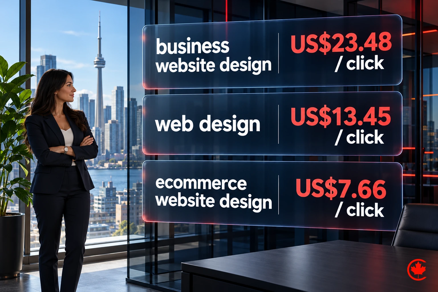 Web-design CPC: business website design US$23.48, web design US$13.45 and ecommerce website design US$7.66 per click.