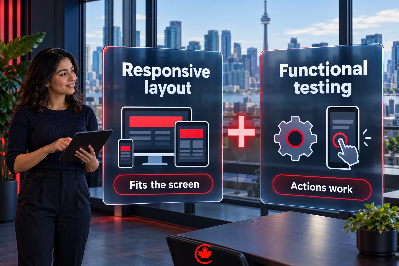 Responsive layout fits the screen, while functional testing checks that actions work.