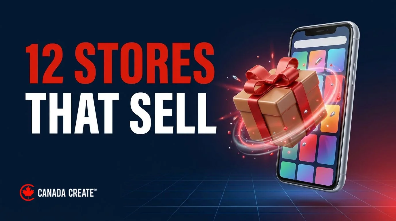 12 stores that sell: a smartphone store grid with a shipping box bursting from the screen