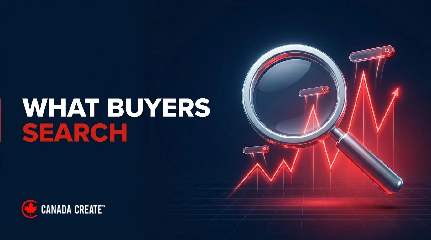 What buyers search: a magnifying glass over a glowing line chart with red peaks