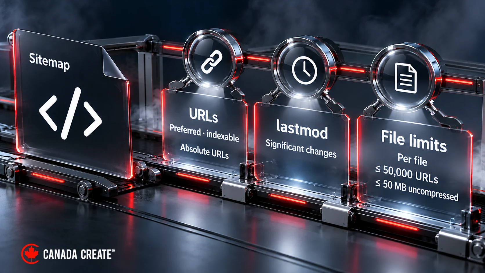 Sitemap checks cover preferred indexable absolute URLs, lastmod dates for significant changes, and both per-file limits: 50,000 URLs and 50 MB uncompressed.