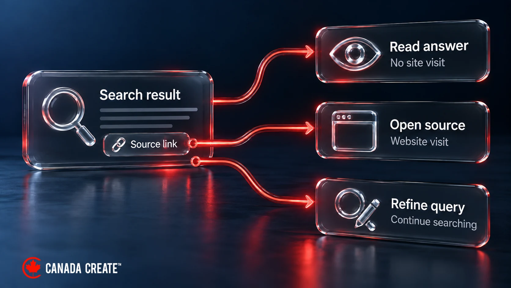 Illustrative search result with paths to reading an answer, opening a source or refining the query.