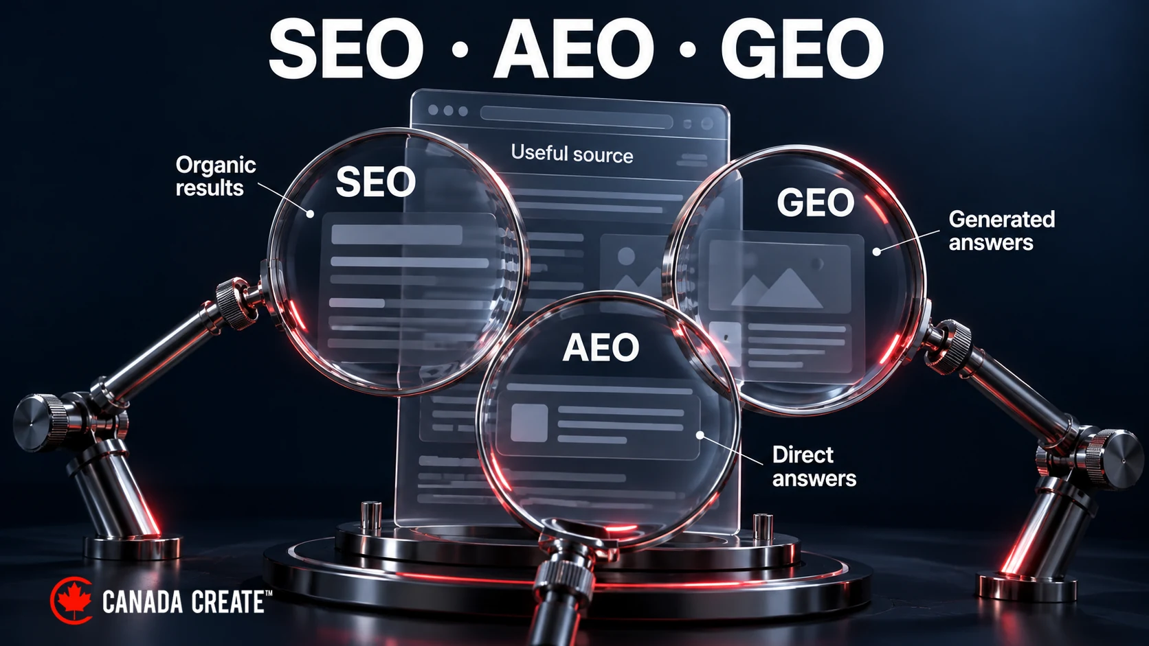 SEO, AEO and GEO lenses overlap around one useful source page and connect to different search presentations.