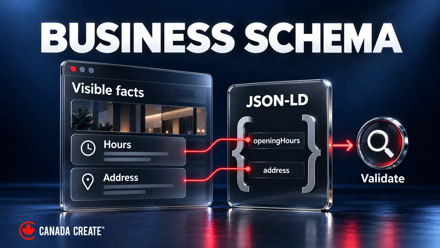 Visible business hours and address map to structured-data fields, followed by a validation check.