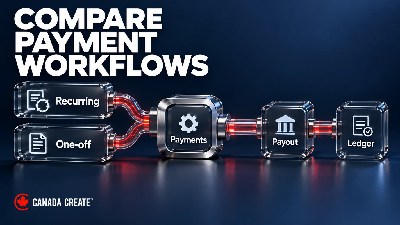 Compare payment workflows: recurring and one-off payments flow through processing to payout and ledger matching.
