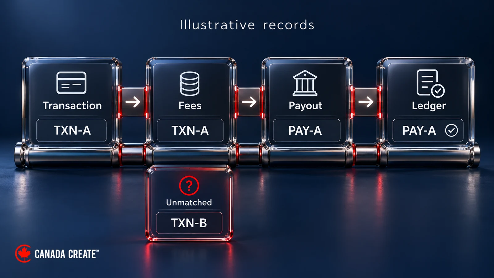 Illustrative reconciliation records connect transaction TXN-A and its fees to payout PAY-A and the ledger; TXN-B remains unmatched.