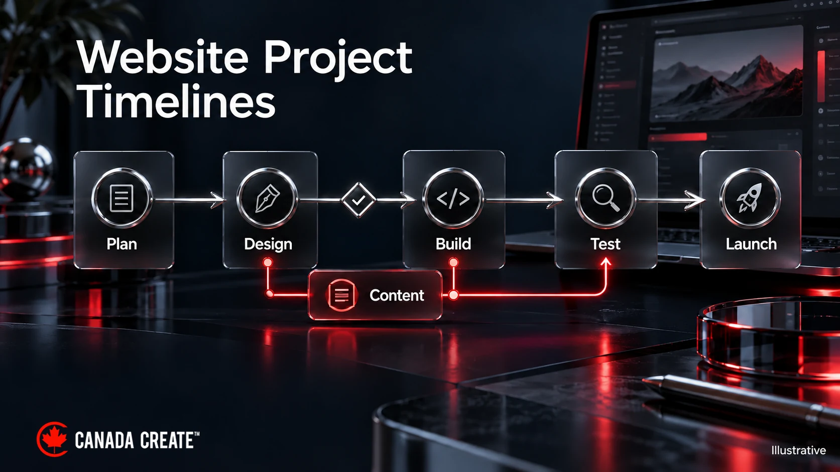 Website project stages from planning to launch, with content preparation running alongside design and build.