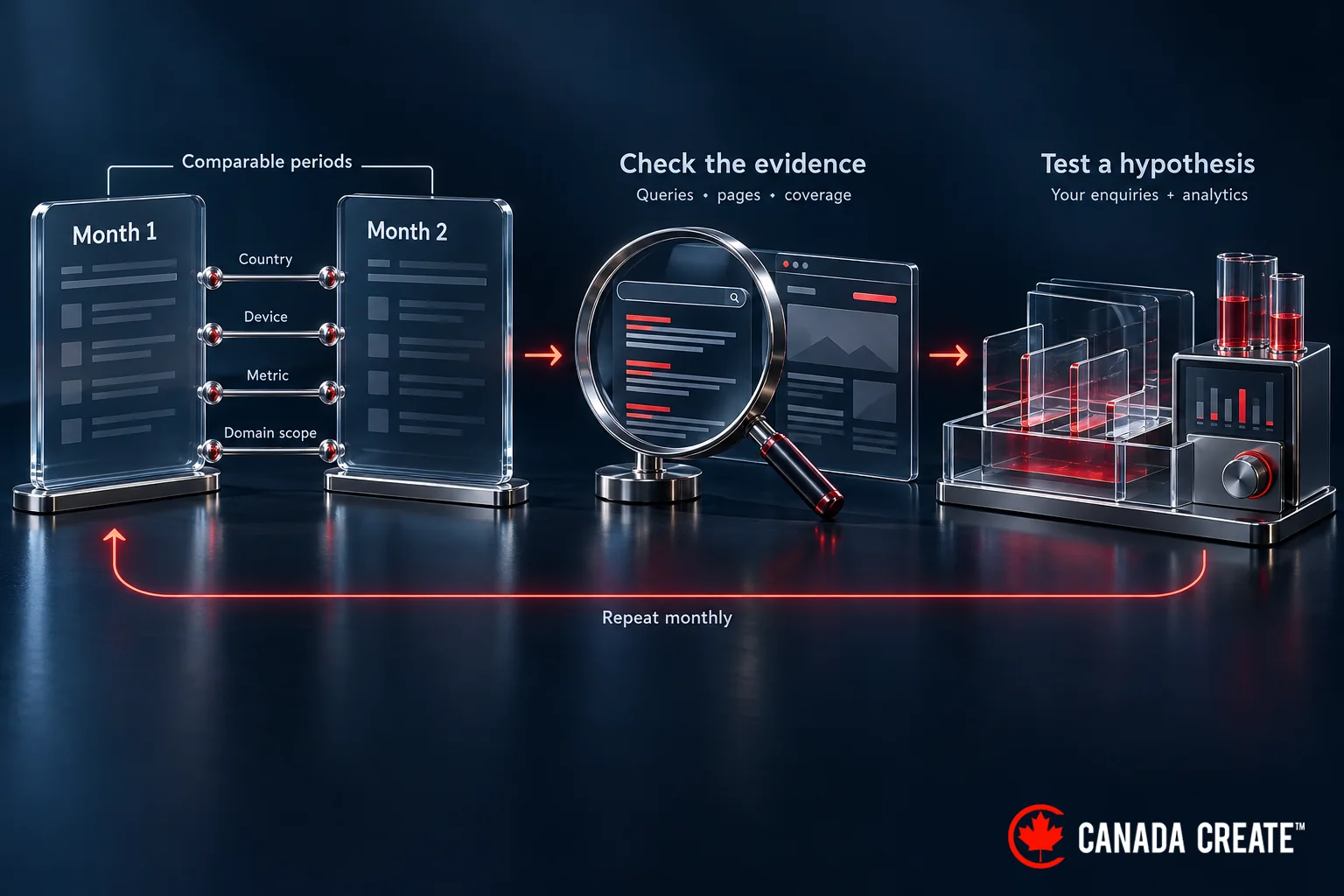 Comparable monthly competitor observations lead to checks of queries, pages and data coverage before testing a hypothesis with your own enquiries and analytics.