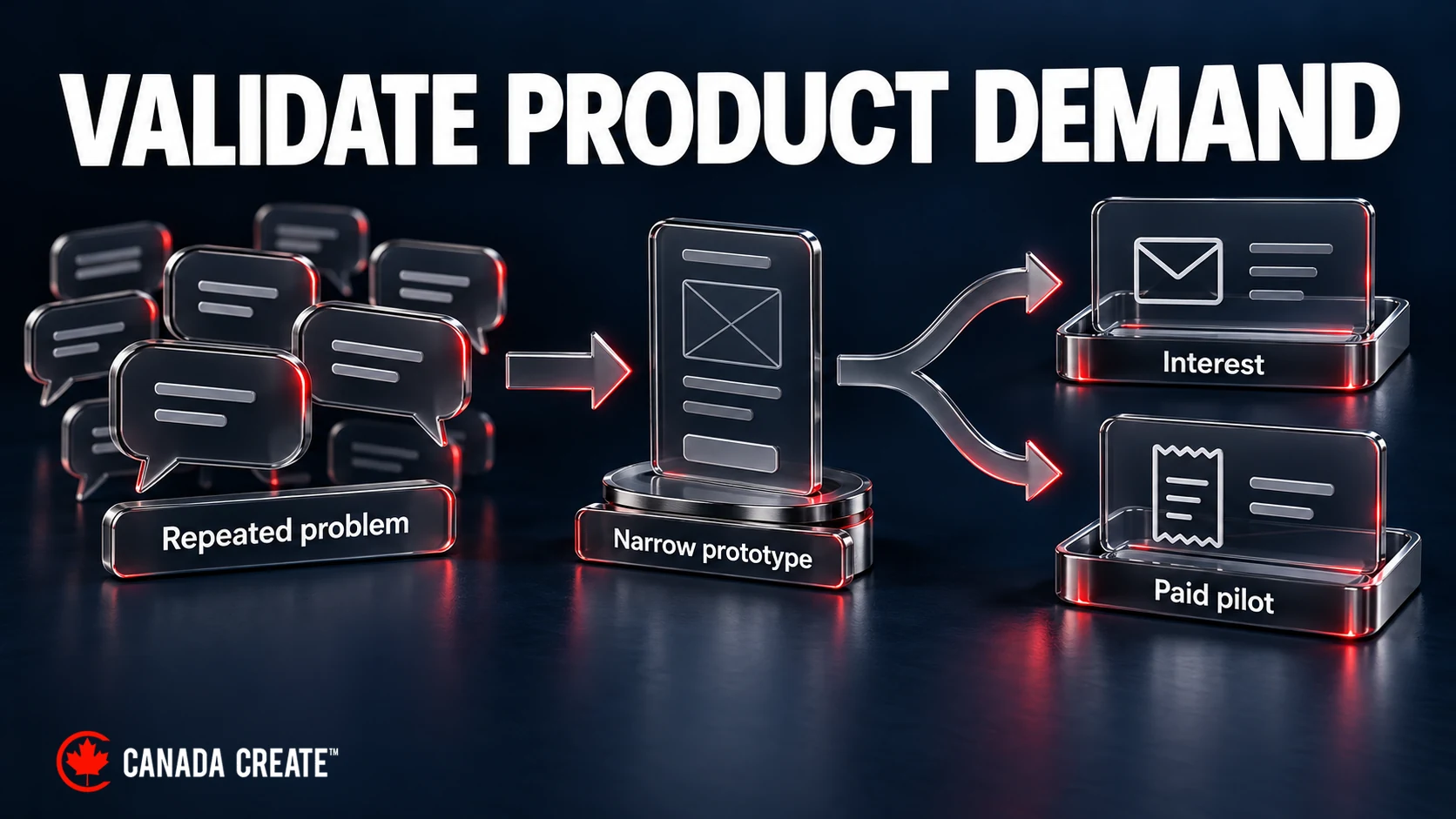 Validate product demand: a repeated client problem becomes a narrow prototype, with interest and paid-pilot commitments shown as distinct evidence.