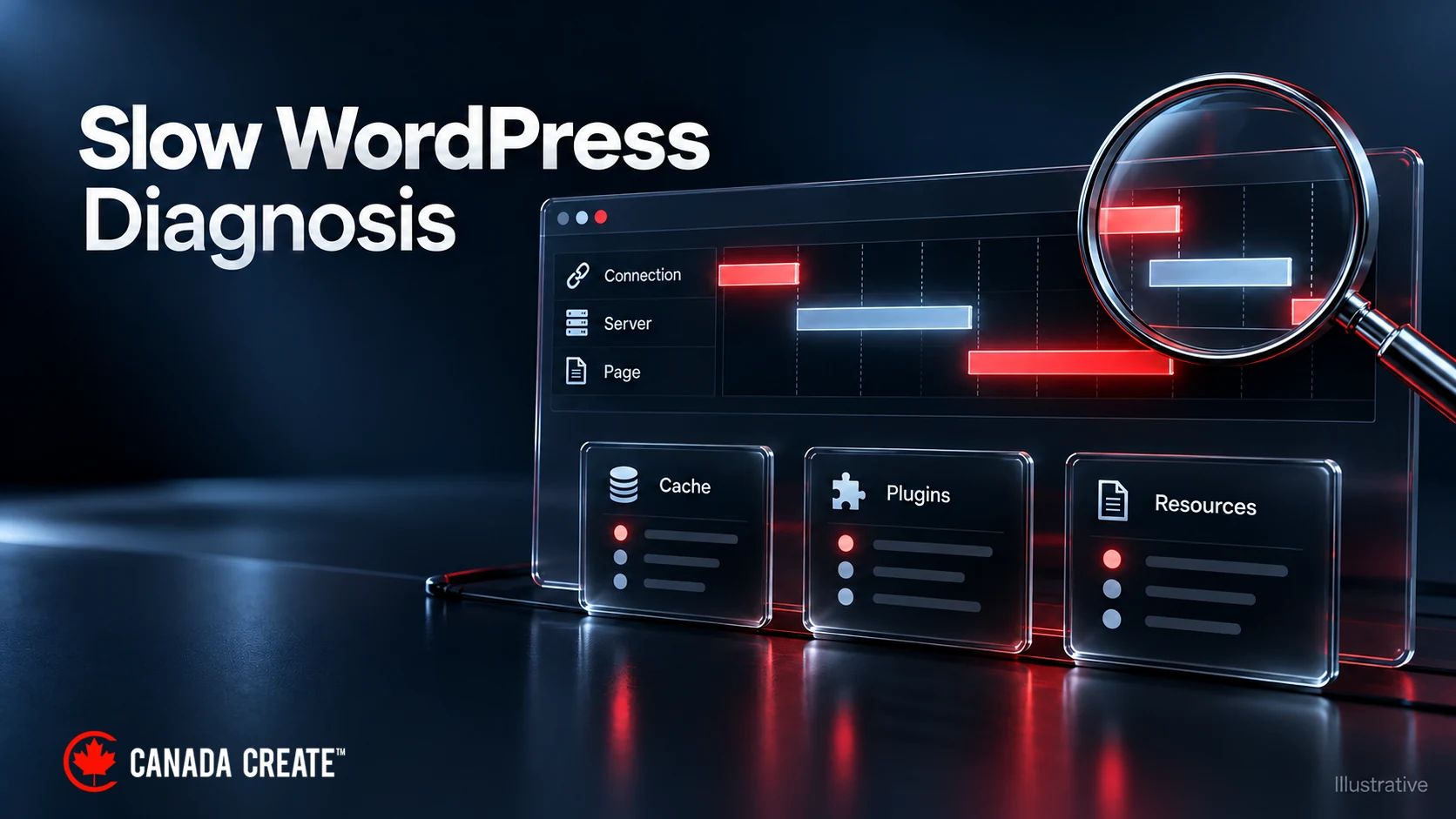 Illustrative WordPress request waterfall and separate checks for cache, plugins and hosting resources.