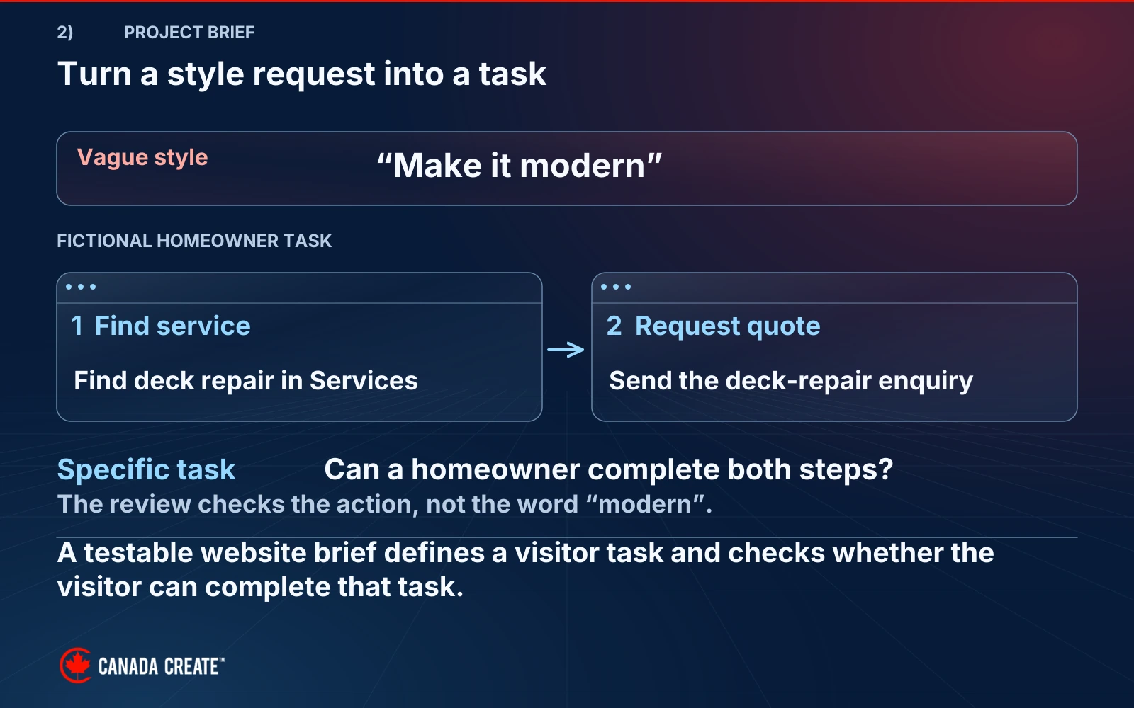 A vague request to make a site modern becomes an observable homeowner task: find deck repair in Services and submit a quote enquiry.