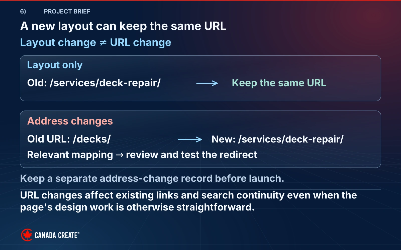 A layout-only redesign keeps /services/deck-repair/. A separate address change maps /decks/ to the relevant deck-repair destination and requires a tested redirect.
