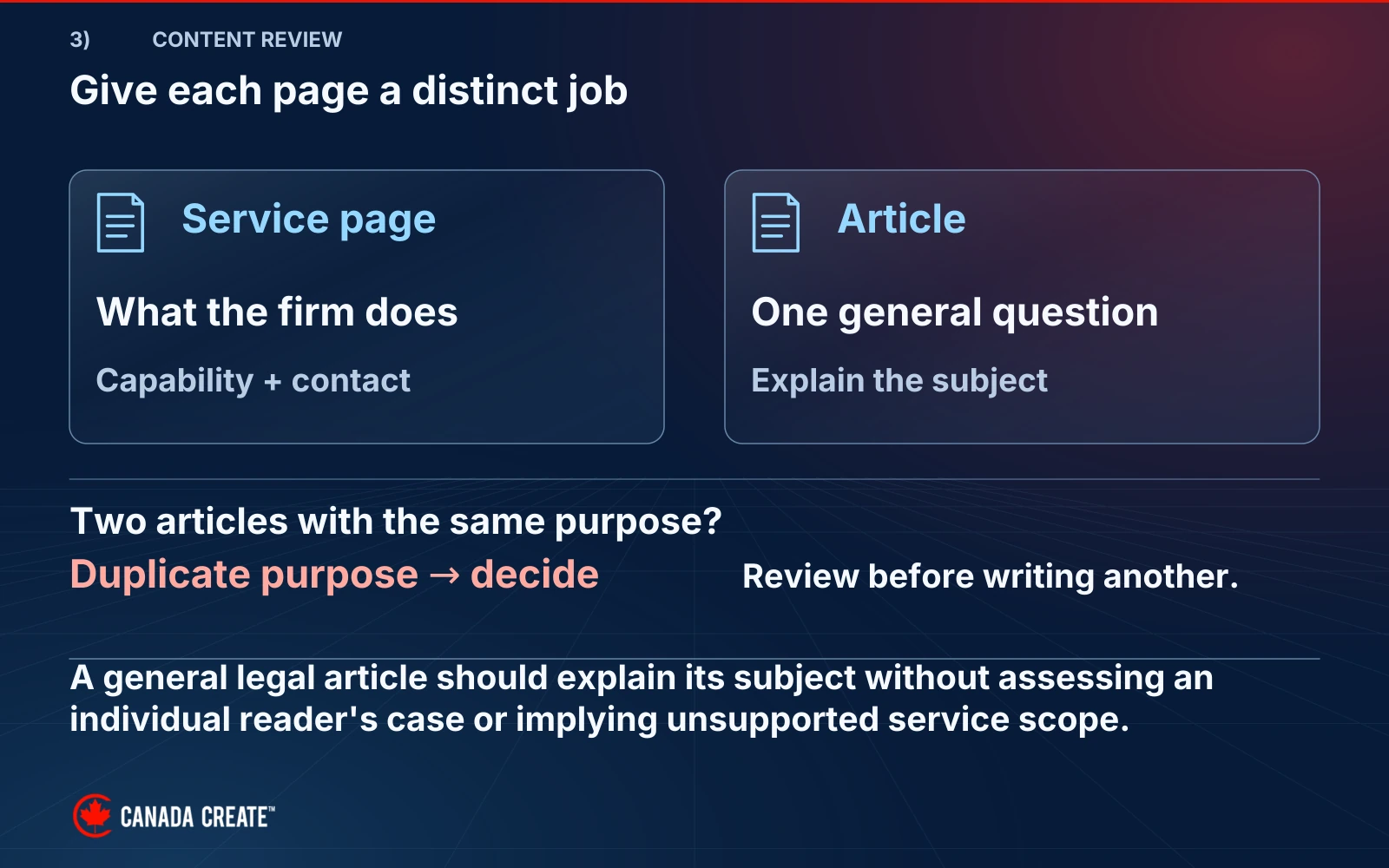 A service page explains firm capability and contact, while an article answers a general question. Duplicate-purpose articles need a decision.