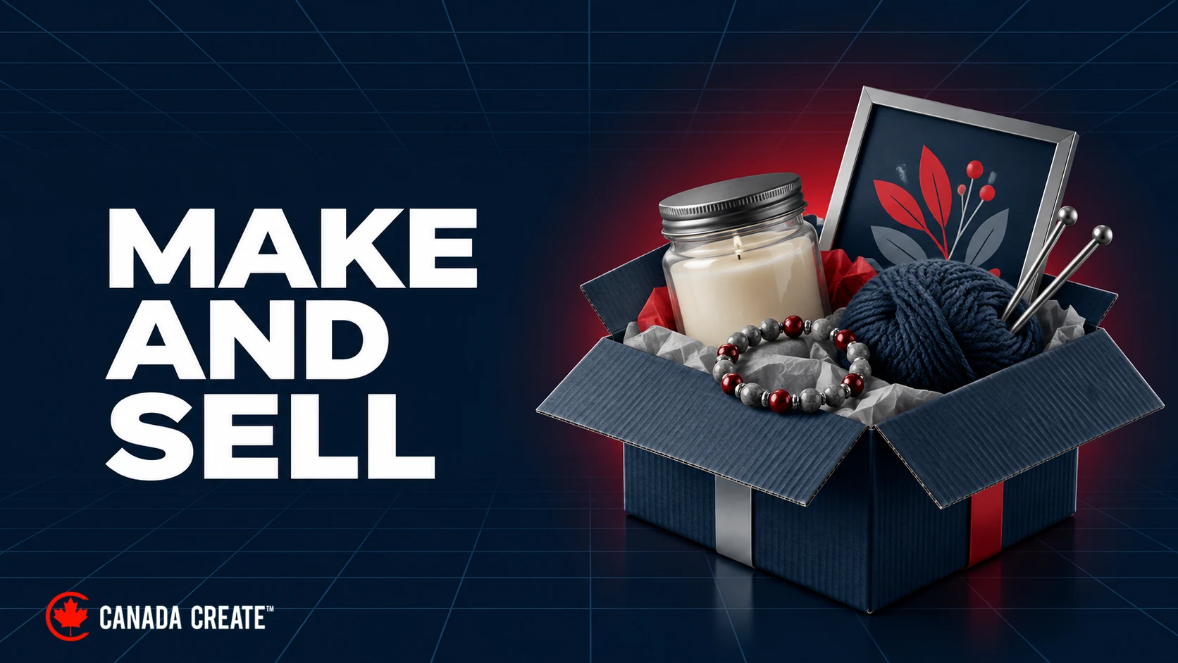Make and sell: a wax candle, wool yarn, bead bracelet and framed print arranged in navy maker-product packaging.