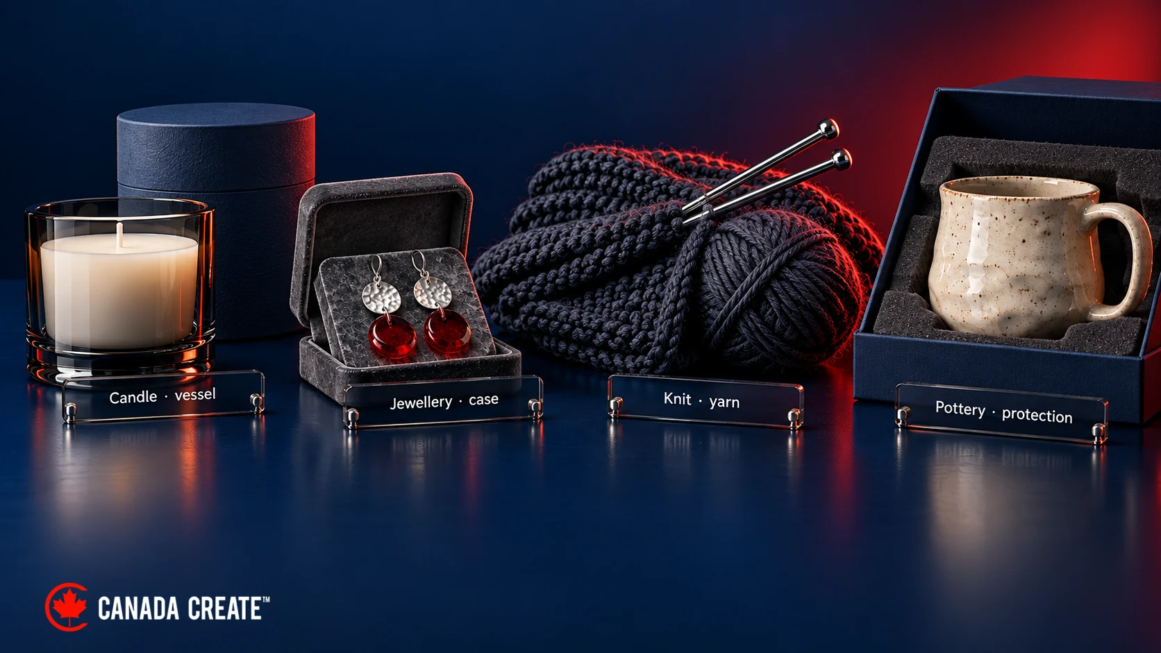 Candle, jewellery, knitted wool and pottery paired with a vessel, jewellery case, yarn and protective packing.