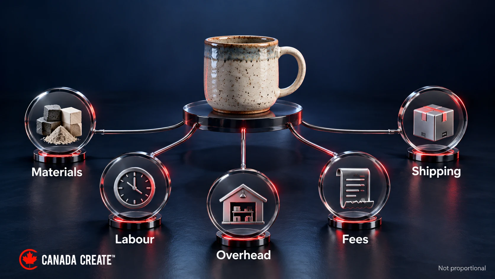 Five cost categories around a ceramic mug: materials, labour, overhead, fees and shipping. Sizes do not represent cost shares.