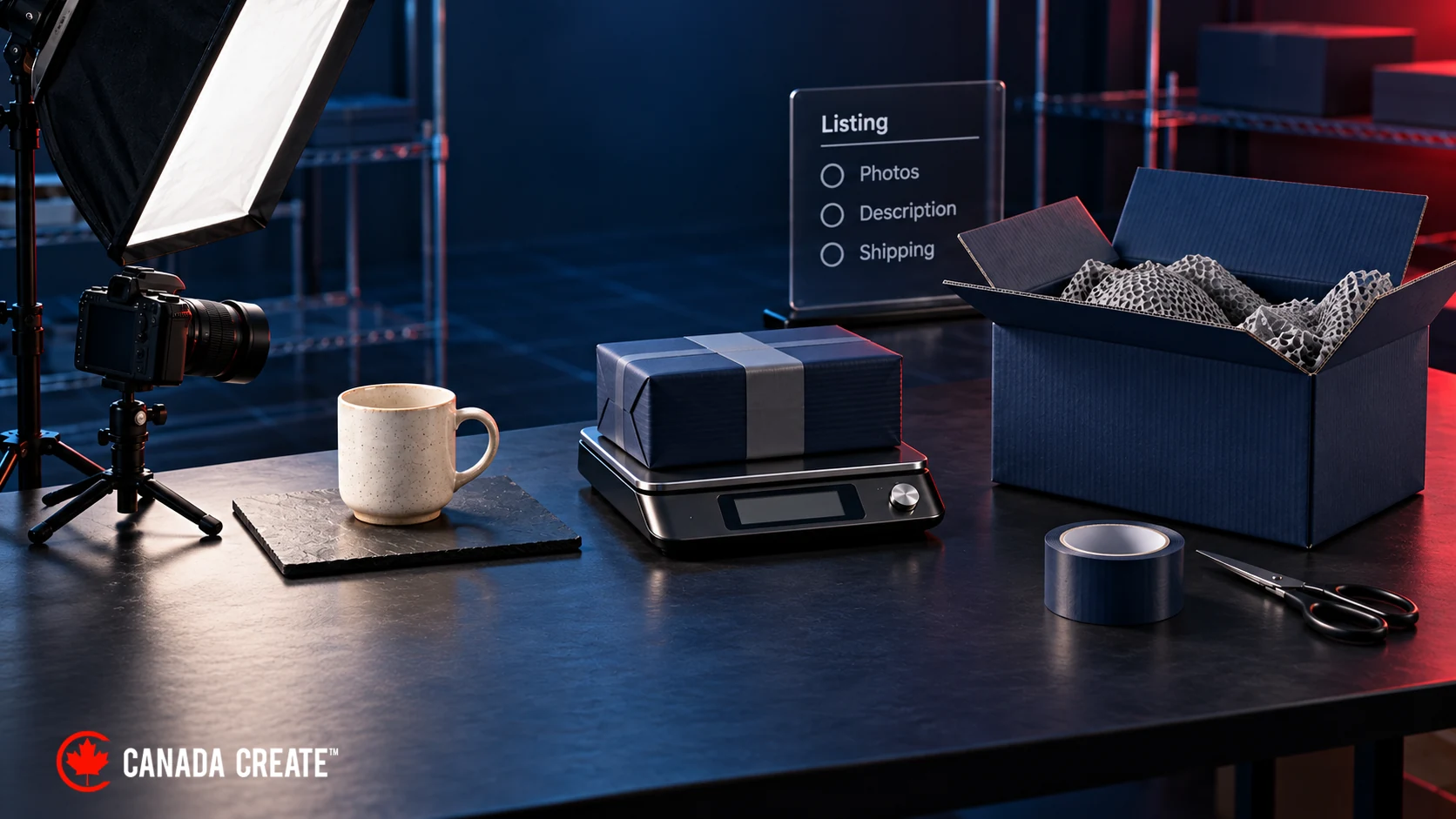 A camera photographs a ceramic mug, a packed parcel sits on a scale, and protective packaging supports a test shipment beside a listing checklist.