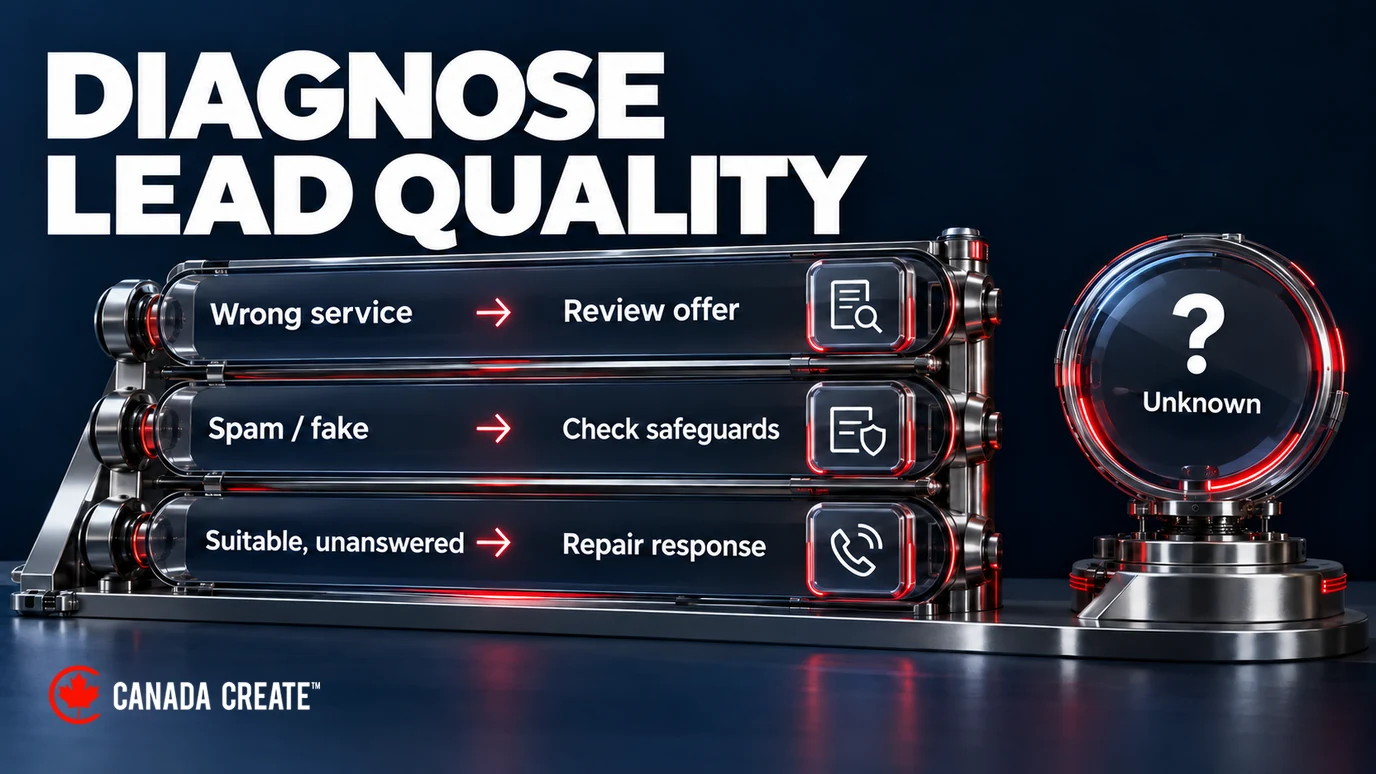 Diagnose lead quality: review the offer for wrong-service enquiries, check safeguards for spam, and repair responses to suitable unanswered requests; unknown cases remain separate.