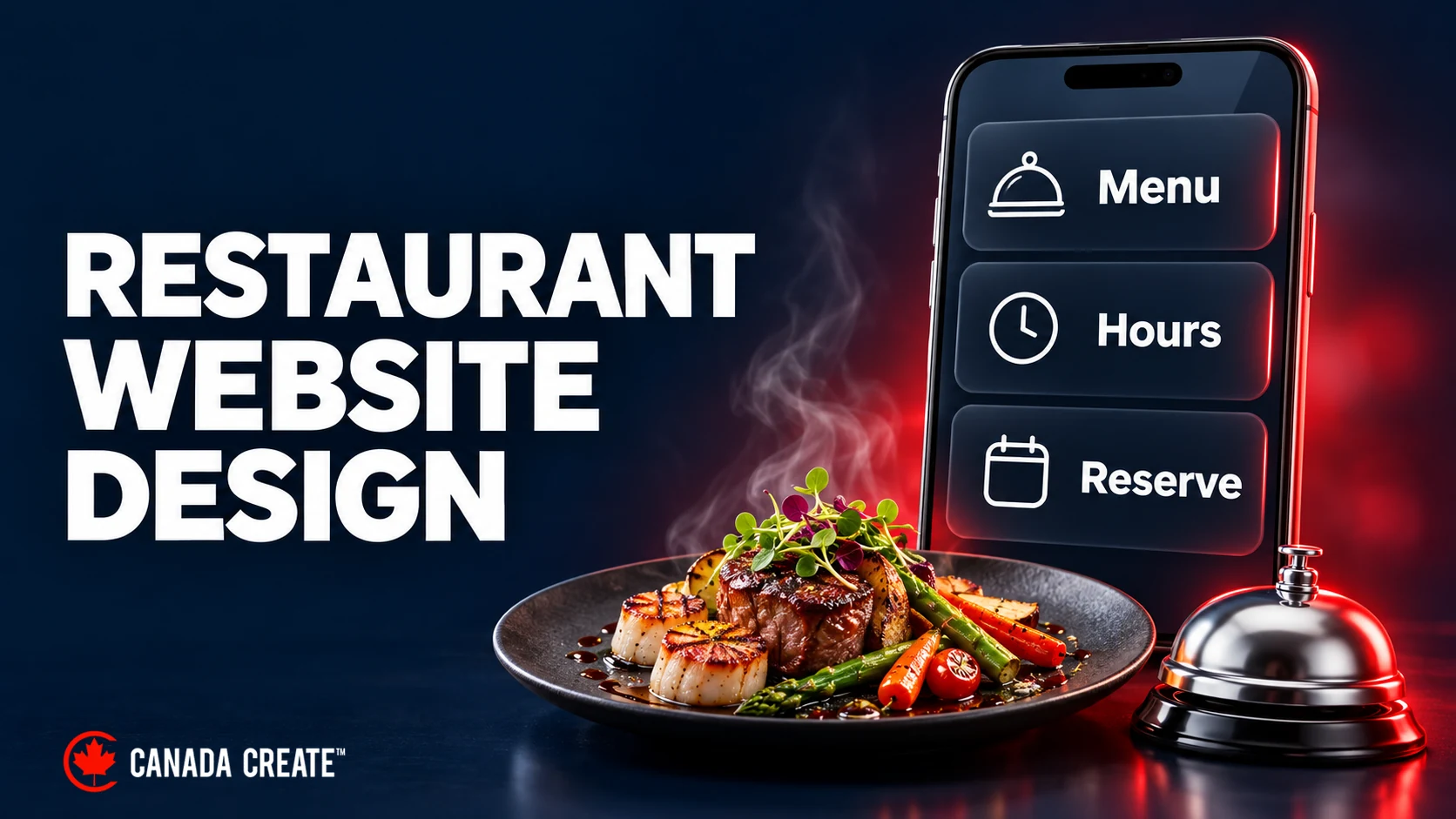 What a restaurant website needs: a phone presents large Menu, Hours and Reserve controls beside a plated meal and serving bell.