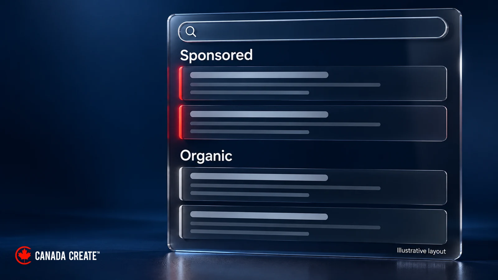 Illustrative search layout with separate Sponsored and Organic result groups; not a representation of a current search engine interface.