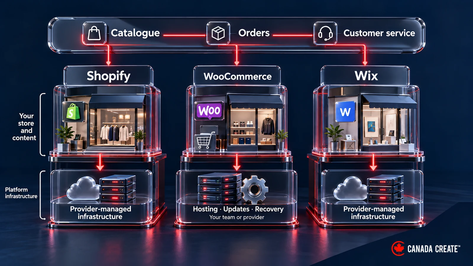 Responsibility map comparing merchant work and platform operations across Shopify, WooCommerce and Wix
