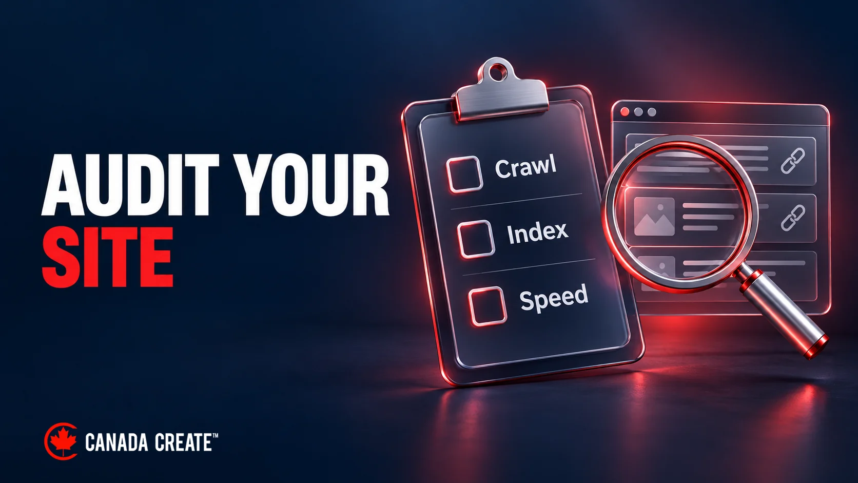 A smoked-glass audit checklist highlights crawl, indexing and speed checks beside a magnified webpage.