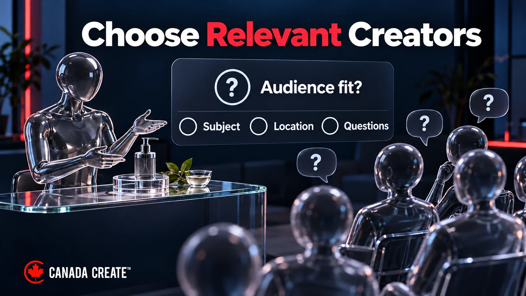 A creator explains an offer to a focused community, with an open audience-fit question and checks for subject relevance, location and useful questions.
