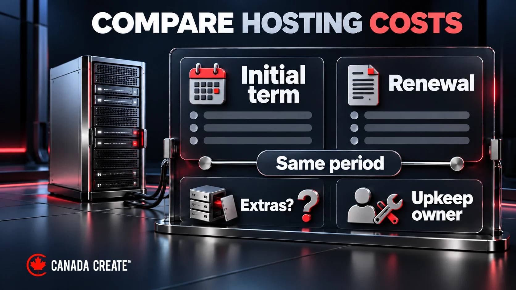 Initial and renewal hosting costs are compared for the same period, with checks for extras and the person responsible for upkeep.