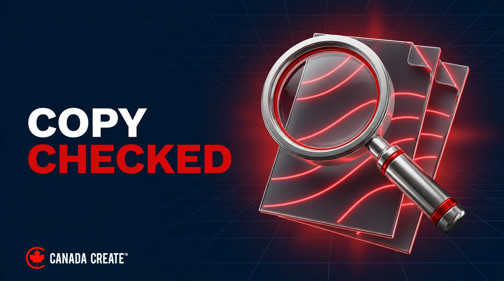 A chrome magnifier examines matching red lines across two overlapping glass document panels.