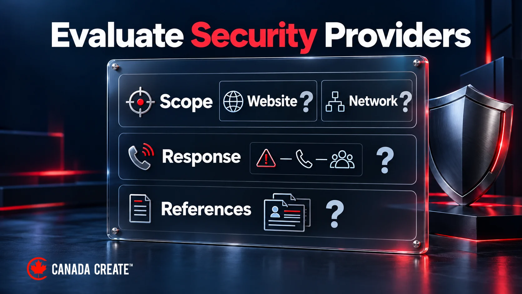 A security-provider review asks about website and network scope, incident response and references, with every answer still open.