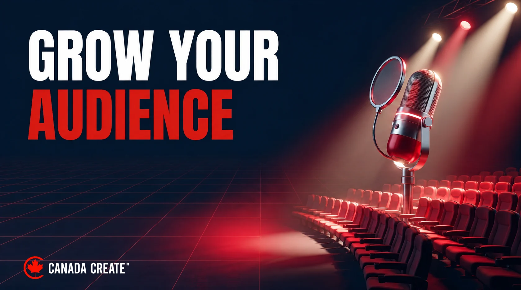 A microphone and rows of auditorium seats illustrate communicating with and building an audience.