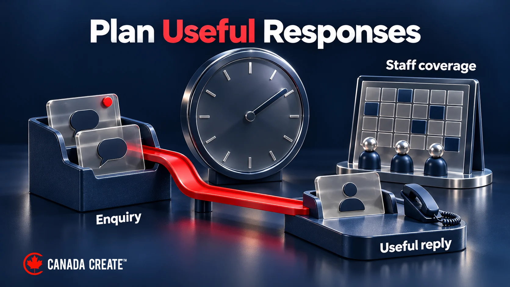 An enquiry tray connects past a clock to a useful-reply station, supported by a staff-coverage calendar.