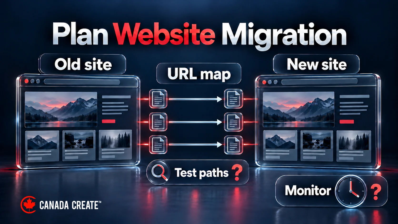 Old and new website pages are linked by a URL map, with open checks for working paths and post-move monitoring.