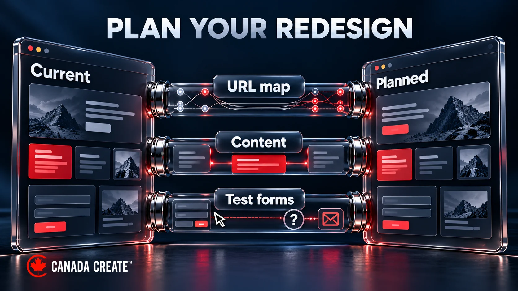A current and planned website are connected by three redesign checks: URL mapping, content continuity and form testing.